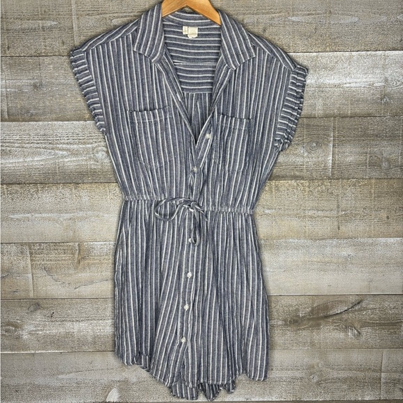 Japana Striped short sleeve Gray Button-Up cotton lightweight tie front Dress - Picture 1 of 4